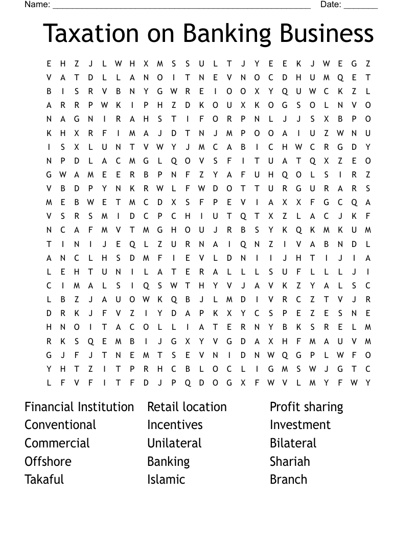 Taxation on Banking Business Word Search