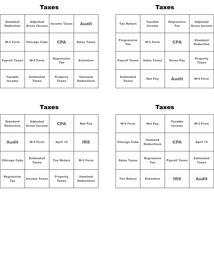 Taxes Bingo Cards