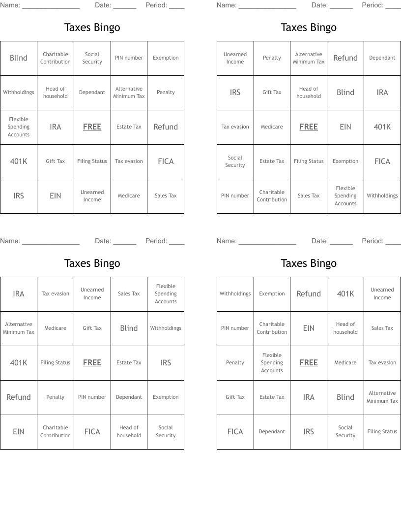Taxes Bingo