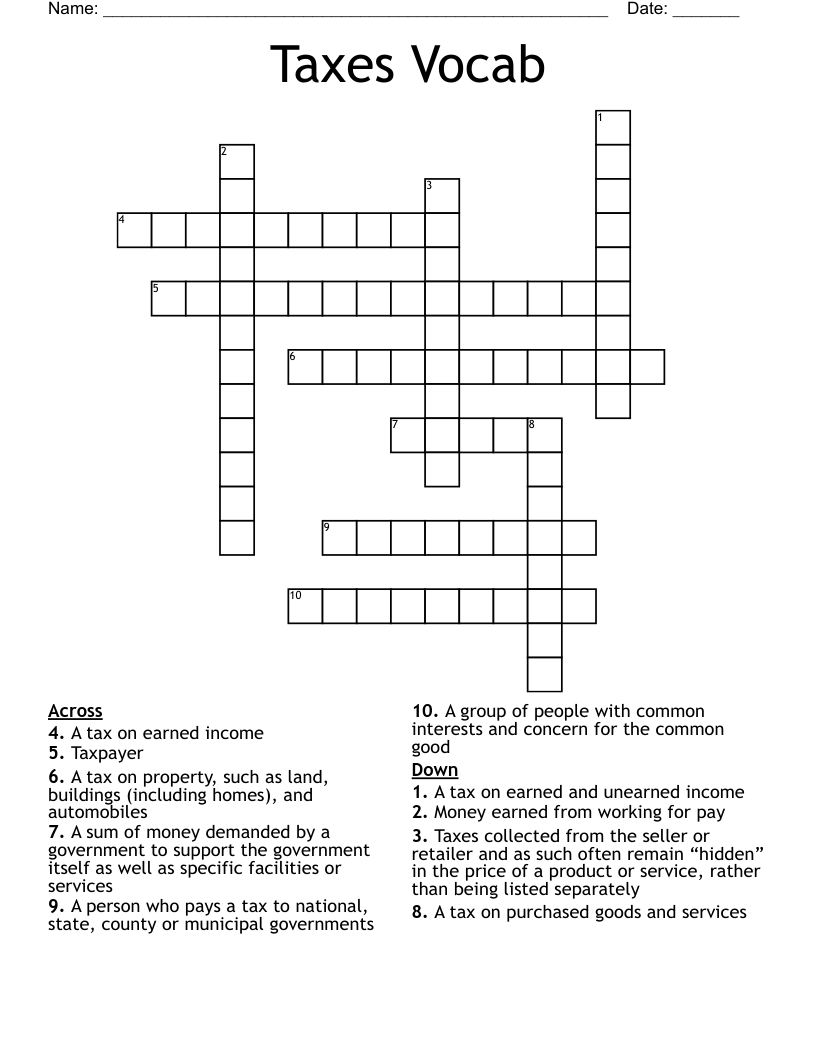 Taxes Vocab Crossword