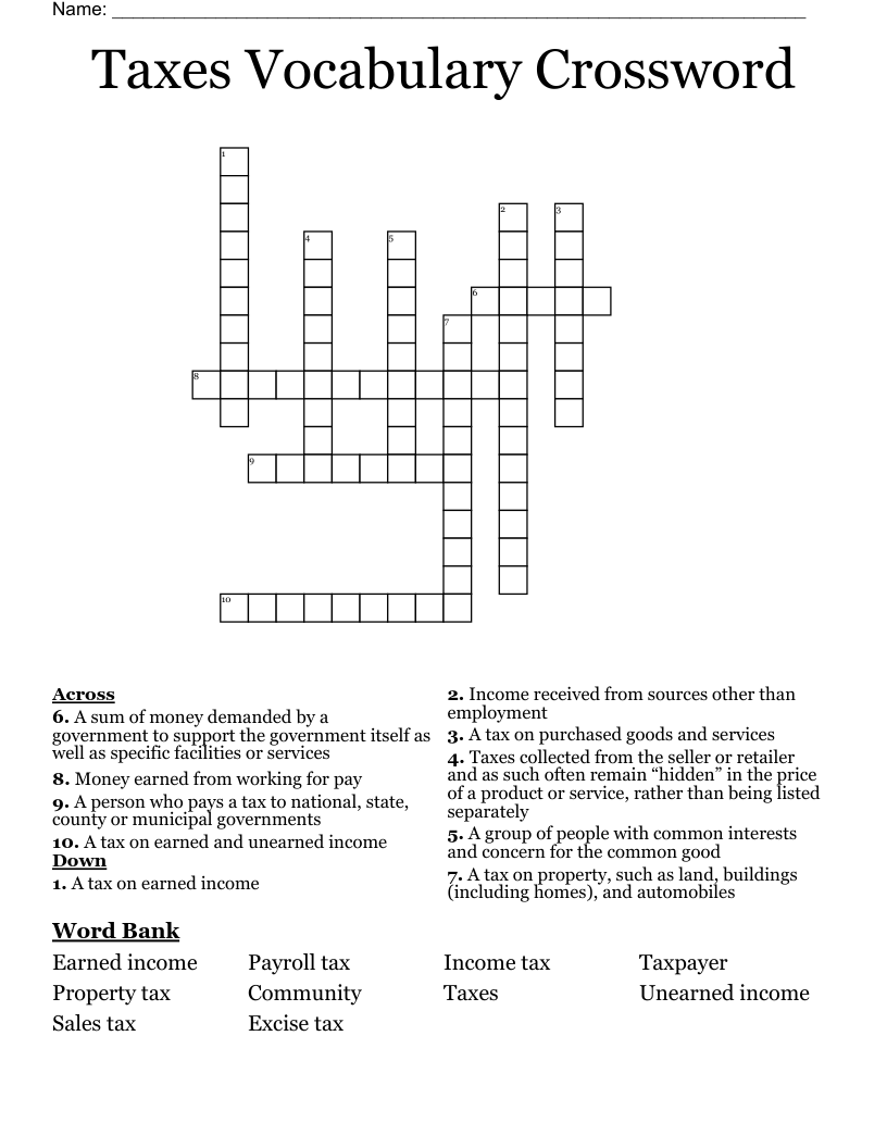 Taxes Vocabulary Crossword