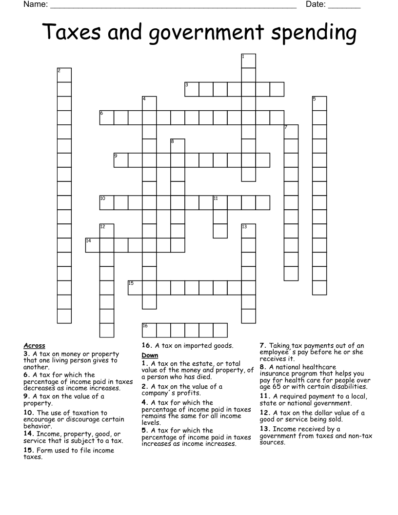 Taxes and government spending Crossword