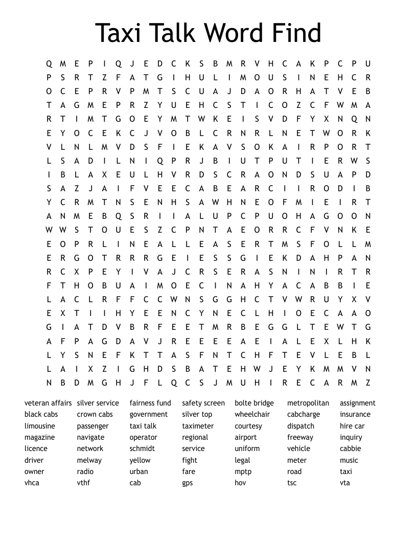 Taxi Talk Word Find  Word Search