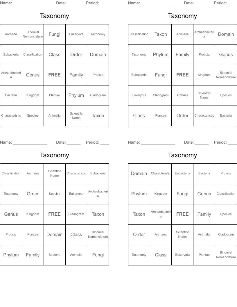 Taxonomy Bingo Cards
