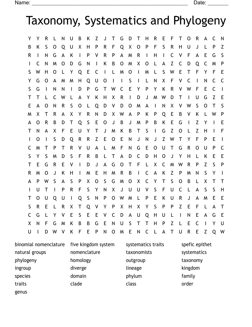 Taxonomy, Systematics and Phylogeny Word Search
