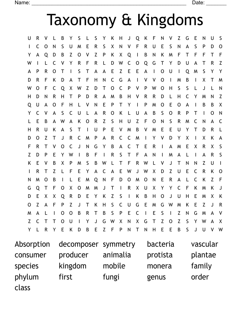 Taxonomy & Kingdoms Word Search