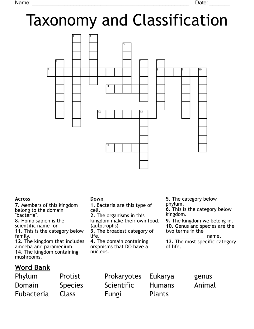 Taxonomy and Classification Crossword