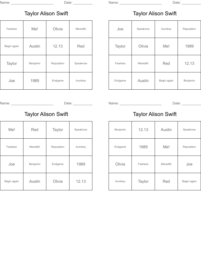 Taylor Alison Swift Bingo Cards