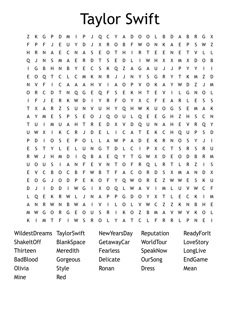 Taylor Swift Word Search