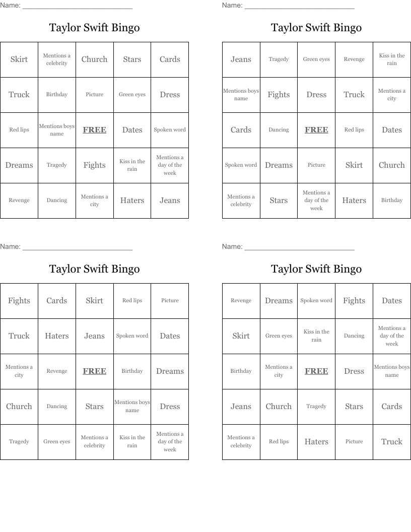 Taylor Swift Bingo