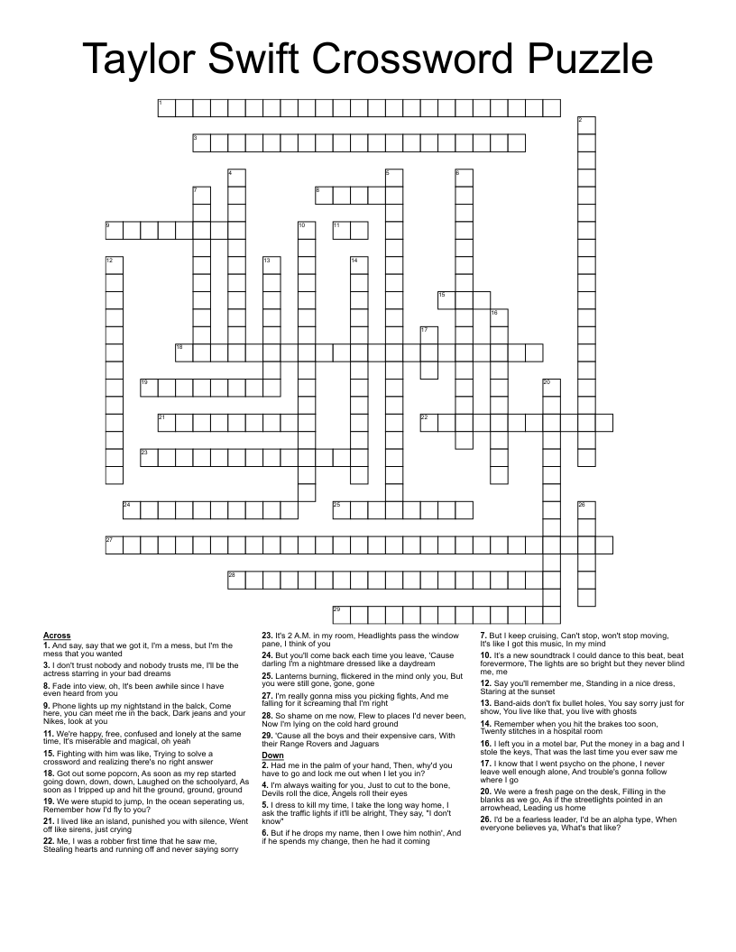 Taylor Swift Crossword Puzzle 