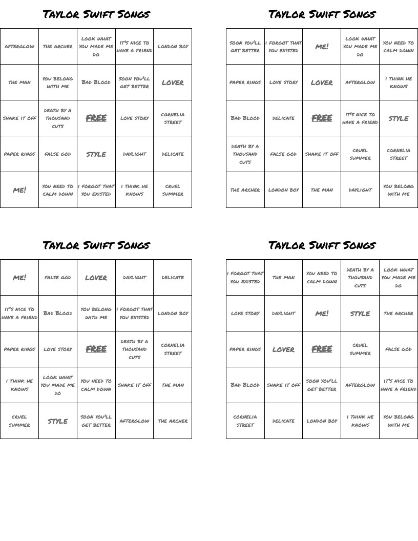Taylor Swift Songs Bingo Cards