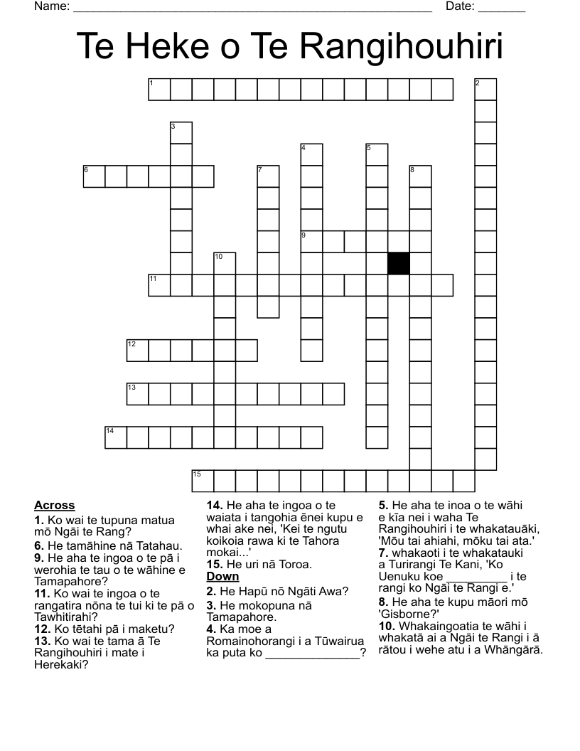 Te Heke o Te Rangihouhiri Crossword