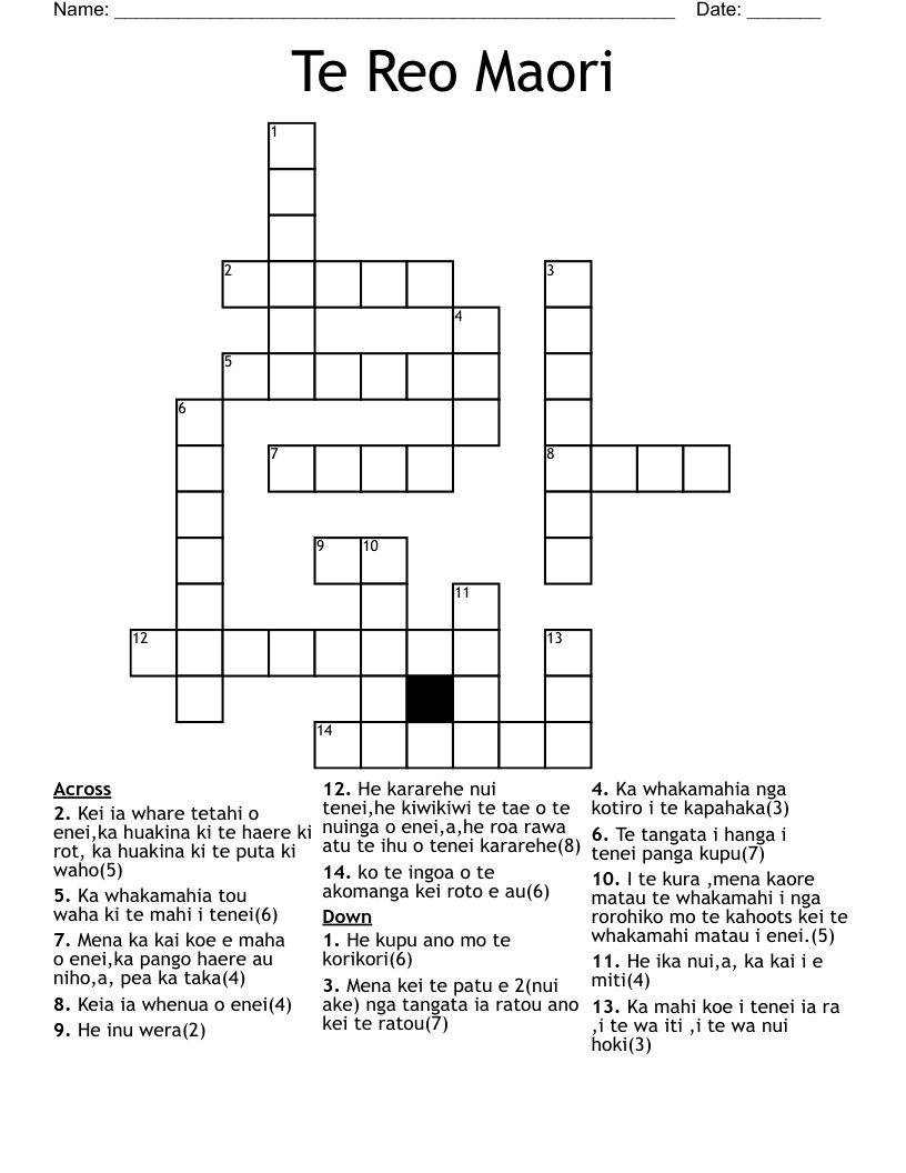 Te Reo Maori Crossword