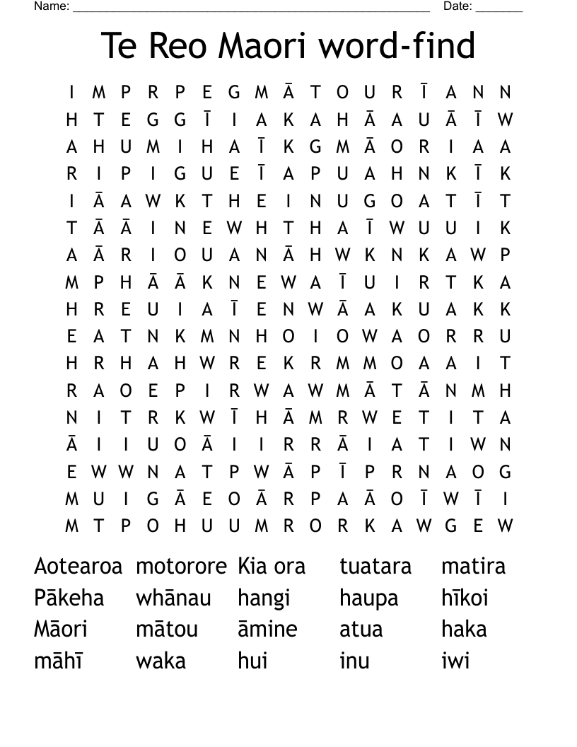 Te Reo Maori word-find Word Search