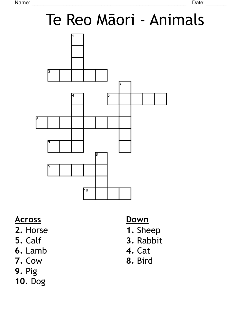 Te Reo Māori - Animals Crossword