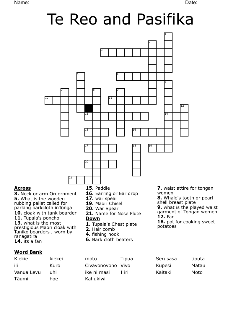 Te Reo and Pasifika Crossword