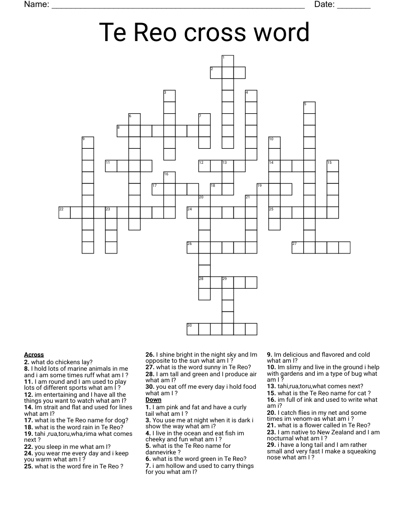 Te Reo cross word