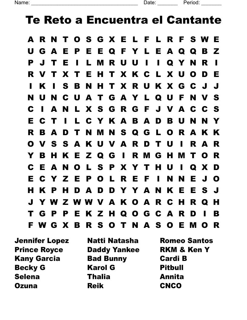 Te Reto a Encuentra el Cantante Word Search
