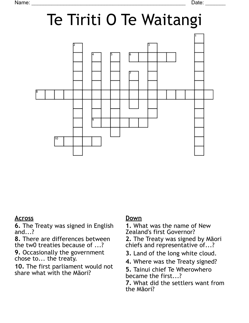 Te Tiriti O Te Waitangi Crossword