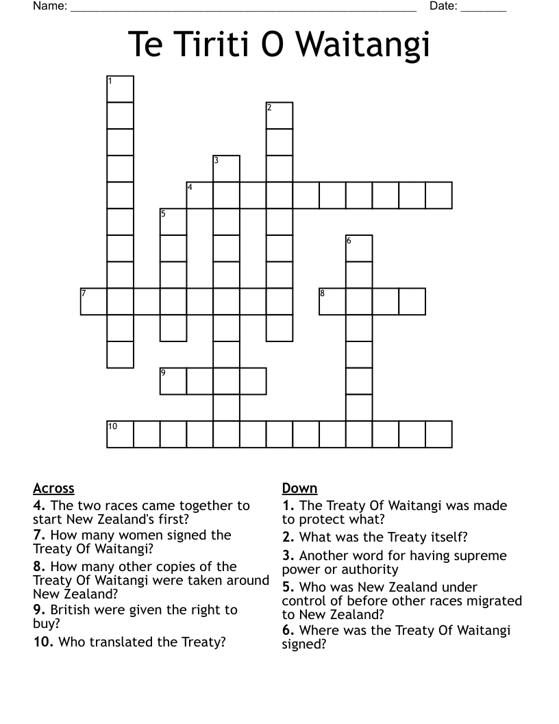 Te Tiriti O Waitangi Crossword