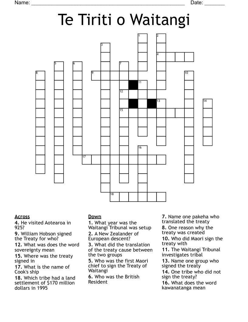 Te Tiriti o Waitangi Crossword