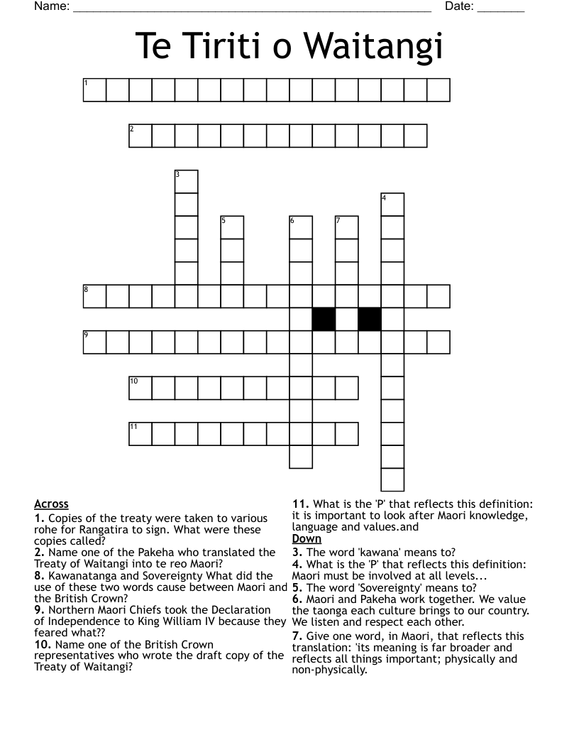 Te Tiriti o Waitangi Crossword