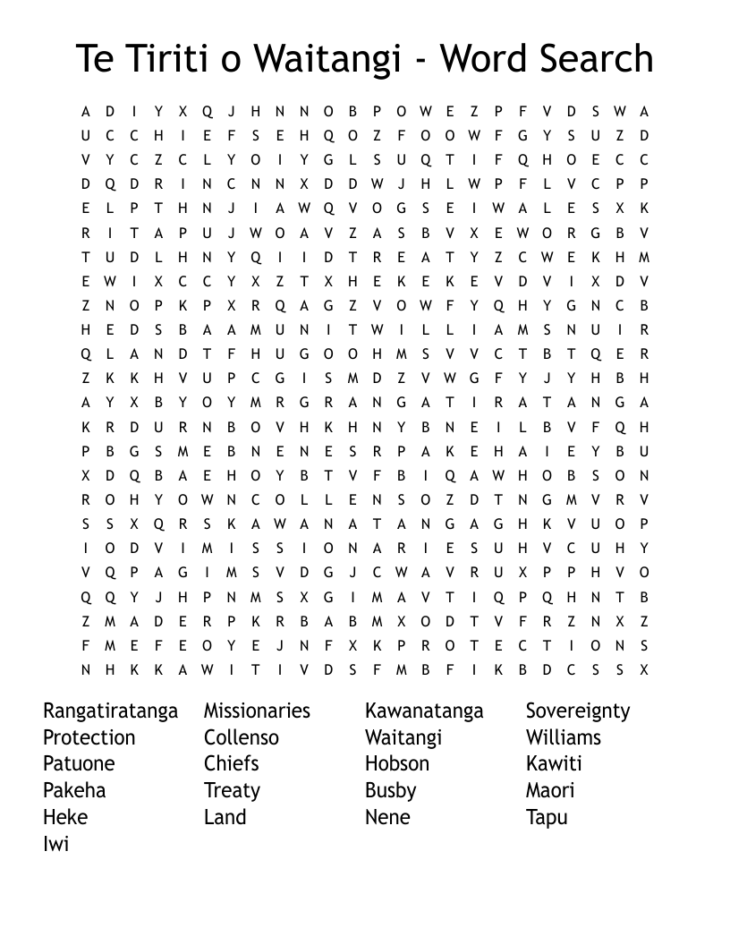 Te Tiriti o Waitangi - Word Search