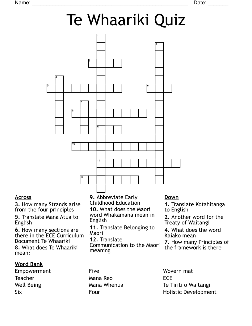 Te Whaariki Quiz Crossword