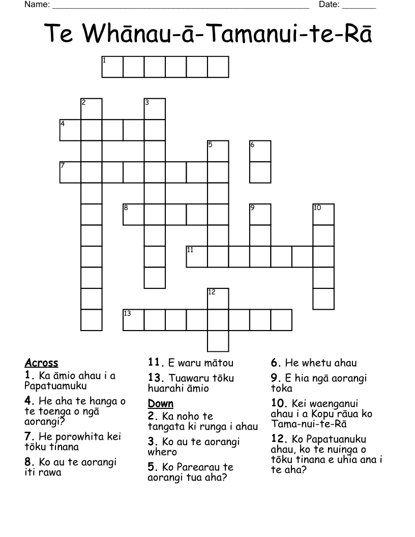 Te Whānau-ā-Tamanui-te-Rā Crossword