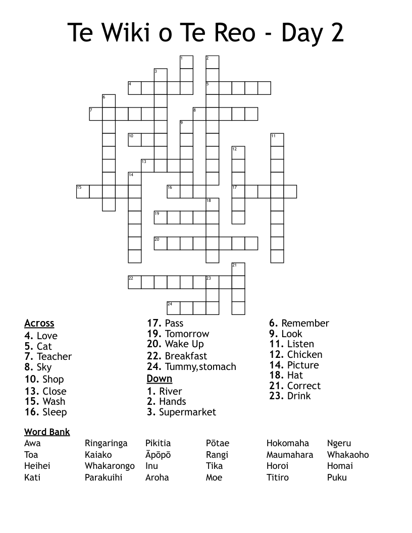 Te Wiki o Te Reo - Day 2 Crossword