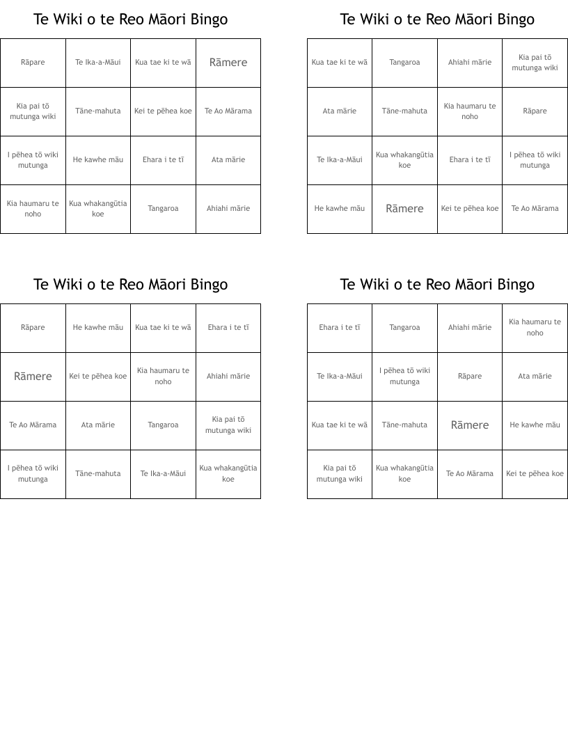 Te Wiki o te Reo Māori Bingo 