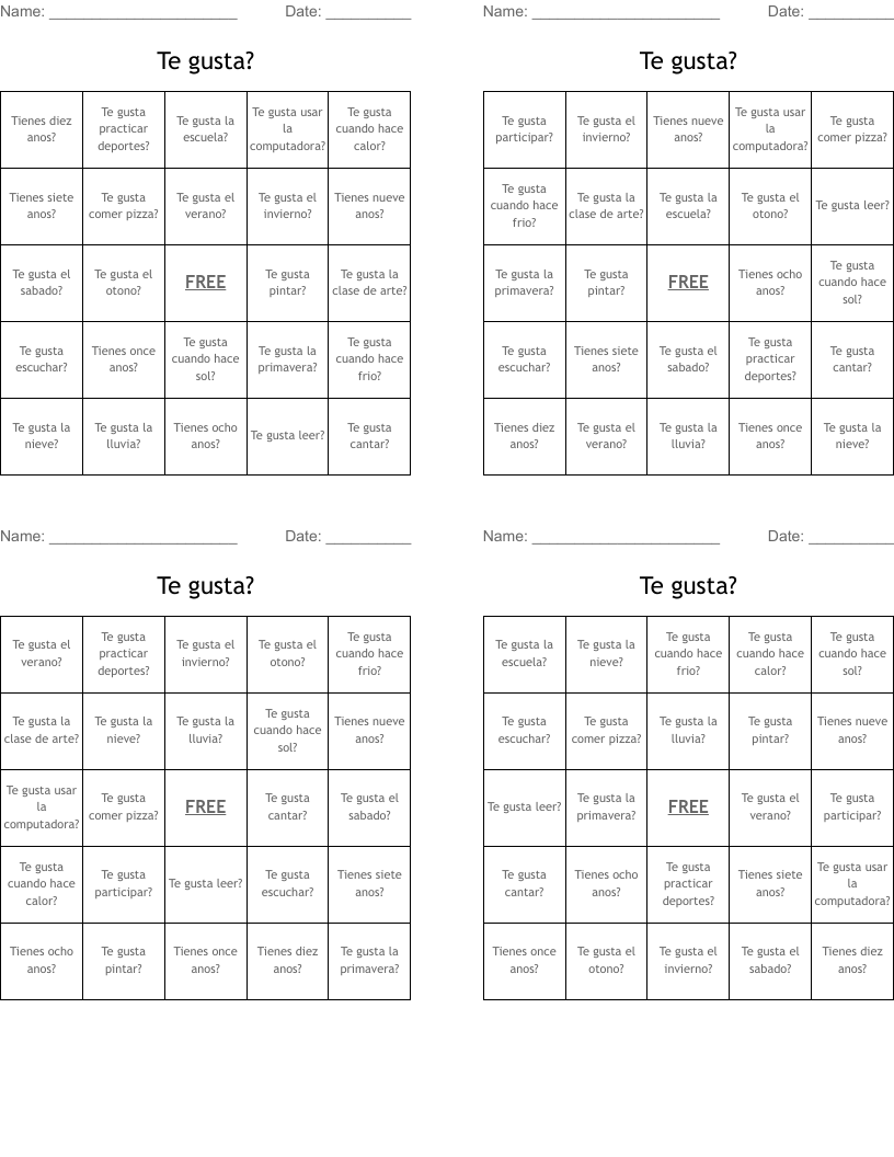 Te gusta? Bingo Cards