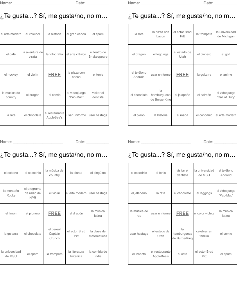 ¿Te gusta...? Sí, me gusta/no, no me gusta Bingo Cards