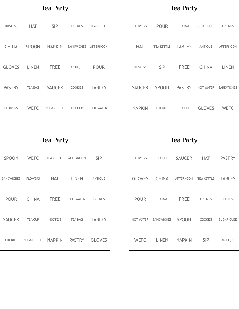 Tea Party Bingo Cards