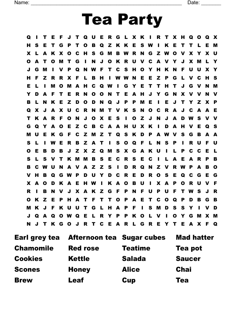 Tea Party Word Search