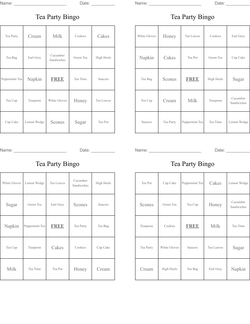 Tea Party Bingo