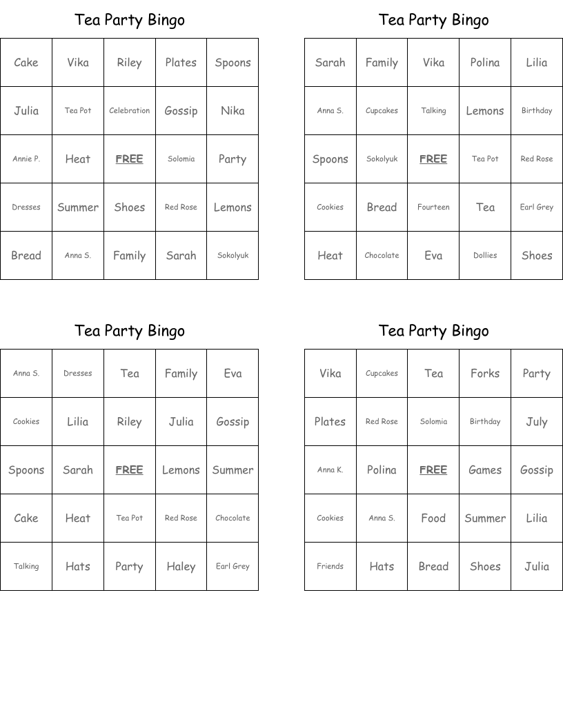 Tea Party Bingo