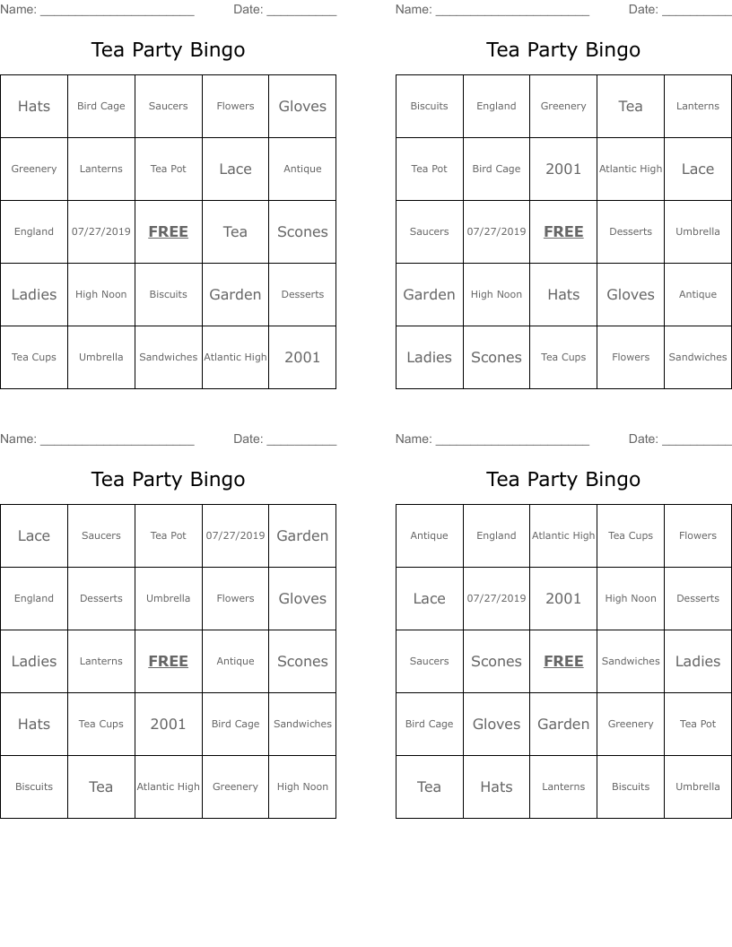 Tea Party Bingo
