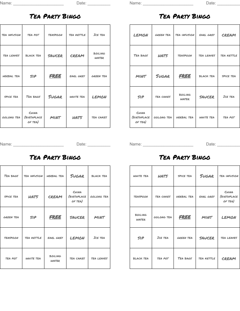 Tea Party Bingo