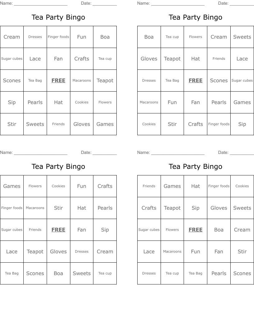 Tea Party Bingo