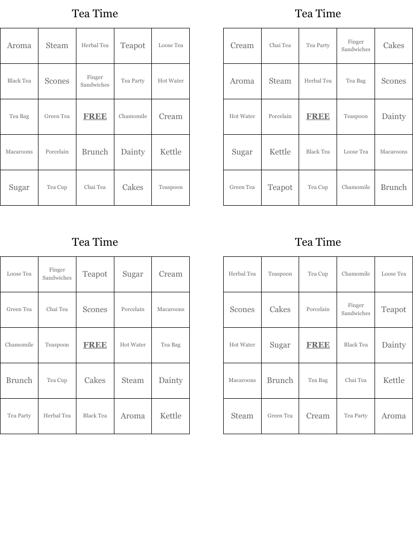Tea Time Bingo Cards