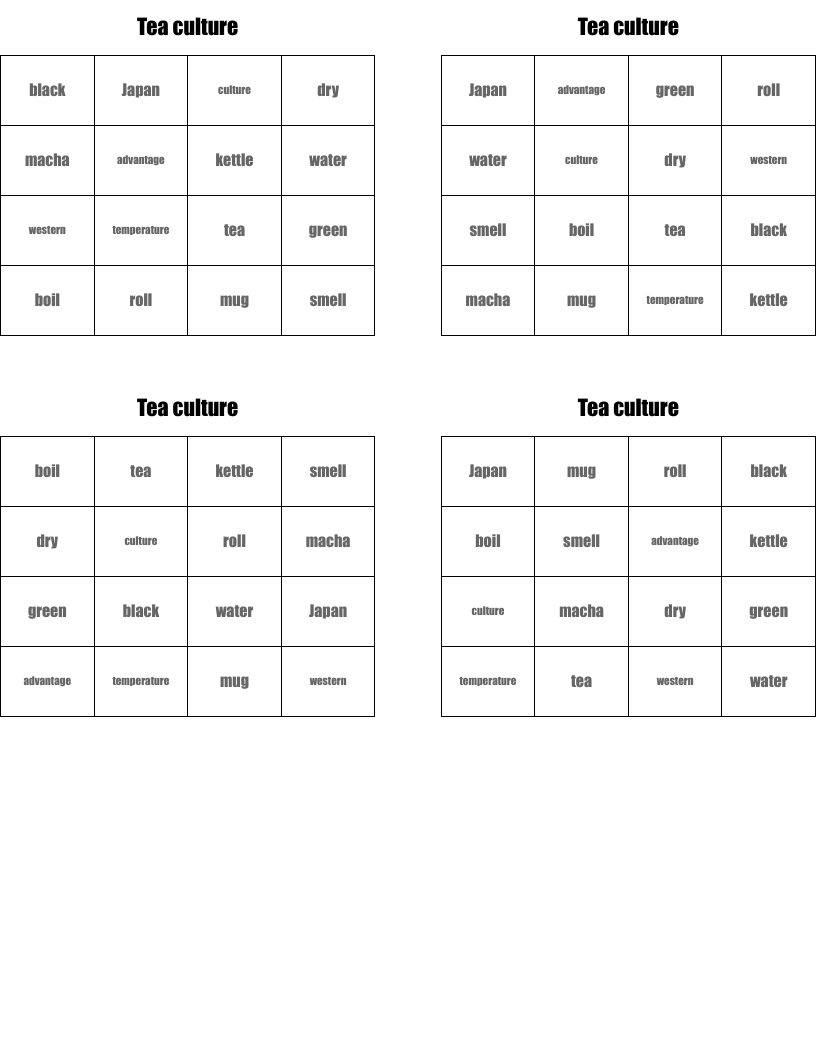 Tea culture Bingo Cards