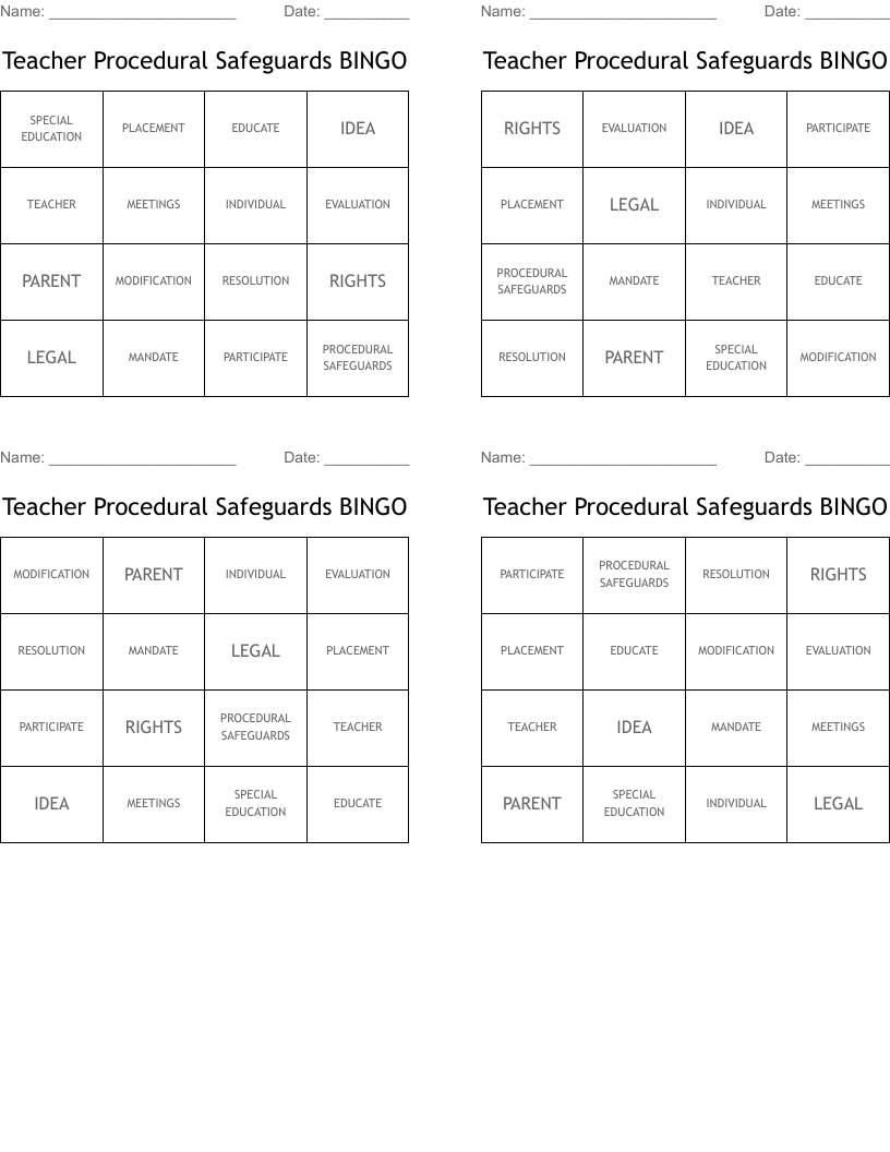 Teacher Procedural Safeguards BINGO