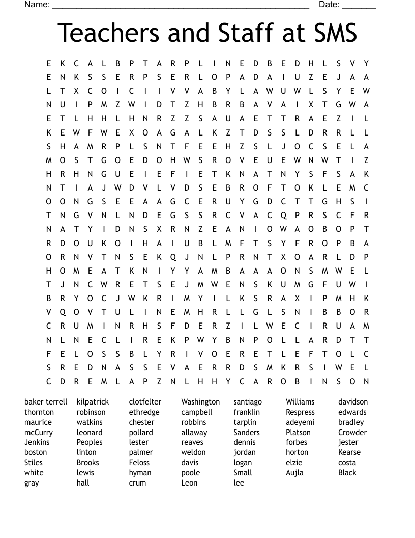 Teachers and Staff at SMS Word Search