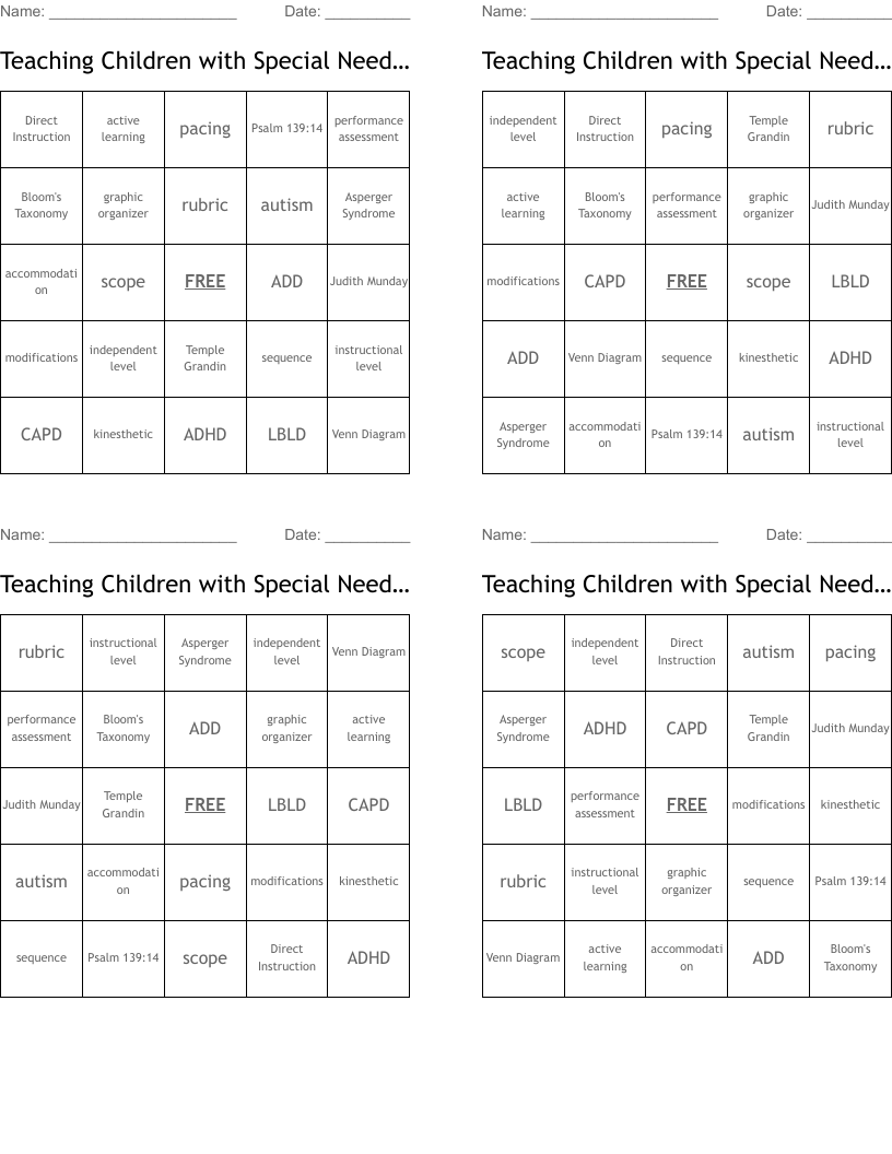 Teaching Children with Special Needs-A Bingo Cards