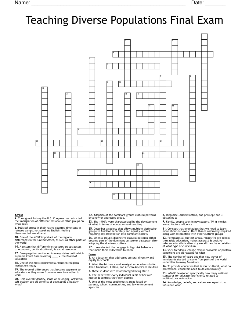 Teaching Diverse Populations Final Exam Crossword
