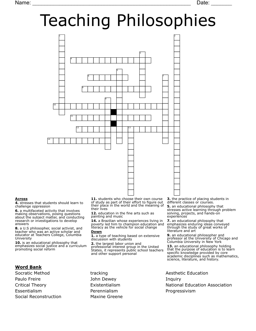 Teaching Philosophies Crossword