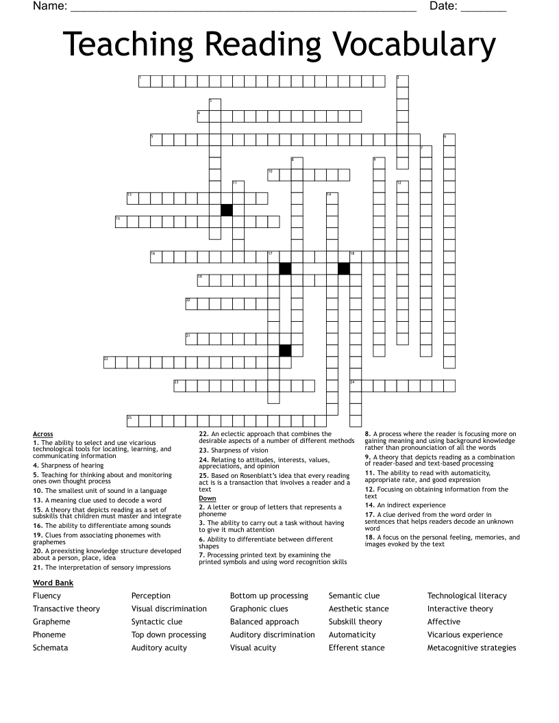 Teaching Reading Vocabulary  Crossword