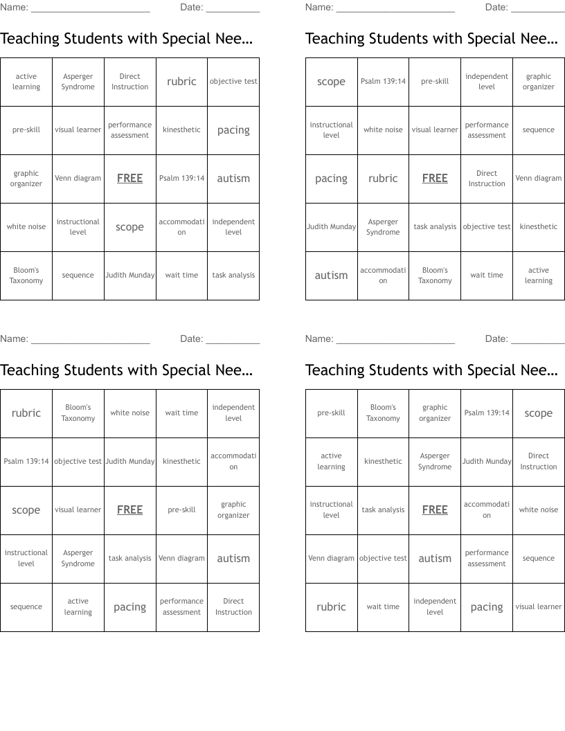 Teaching Students with Special Needs-B Bingo Cards